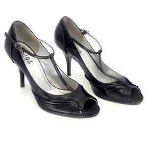 BCBG Black Leather T-Strap Peep Hole Heels
